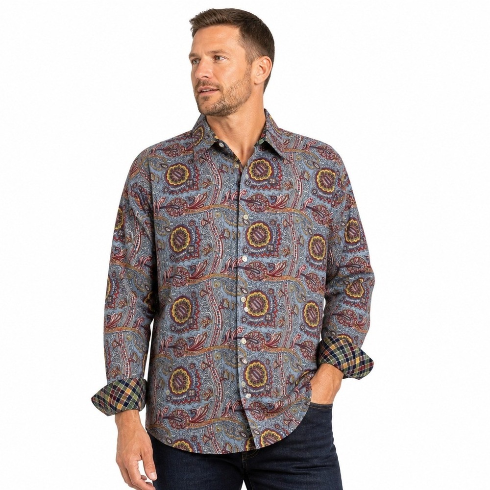 Alan Flusser Mens XXL Blue‎ Paisley Button Down Shirt 100% Cotton Long Sleeve